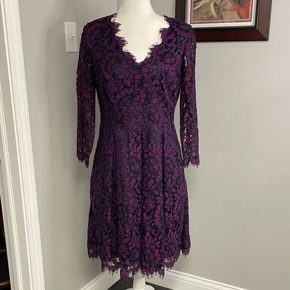 Eliza J Deep Purple Lace Long Sleeve Dress Mother of the Bride cocktail formal - Picture 1 of 6